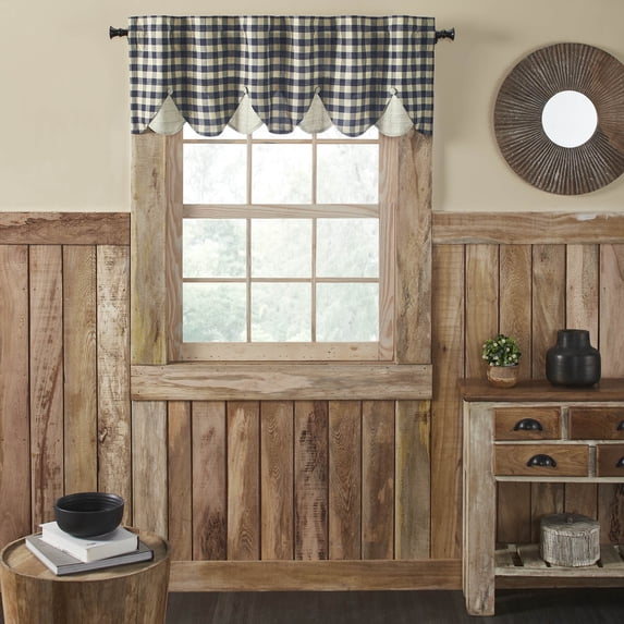 VHC Brands My Country Scalloped Layered Valance 18x60, Window Treatment, Bedroom, Living Room, Dining Room, and Kitchen Decor, Cotton, My Country Collection, 18x60, Navy