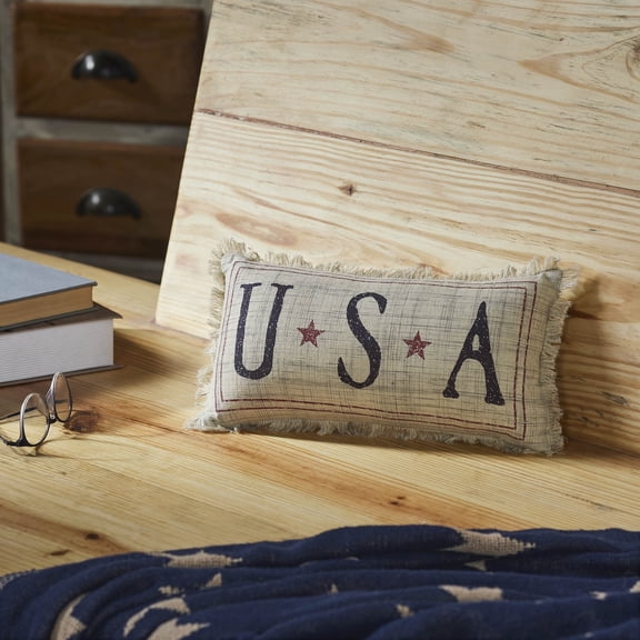 VHC Brands My Country USA Pillow 7x13, Cotton Pillow with Polyester Pillow Fill, Decorative Throw Pillow, My Country Collection, Rectangle 7x13, Khaki