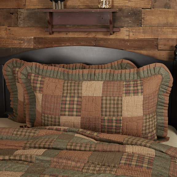 VHC Brands Crosswoods Patchwork Cotton Primitive Bedding Hand Quilted King Sham, Dark Olive Green