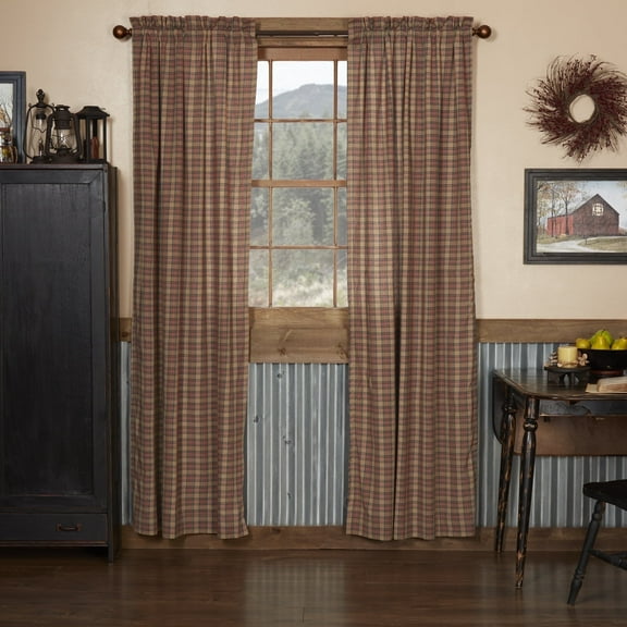 VHC Brands Crosswoods Plaid Cotton Primitive Curtains Rod Pocket Tie Back(s) Panel Pair, Natural Tan
