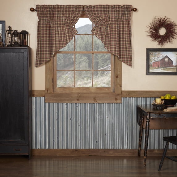 VHC Brands Crosswoods Plaid Cotton Primitive Kitchen Curtains Rod Pocket Drawstring Ties Prairie Swag Pair, Natural Tan
