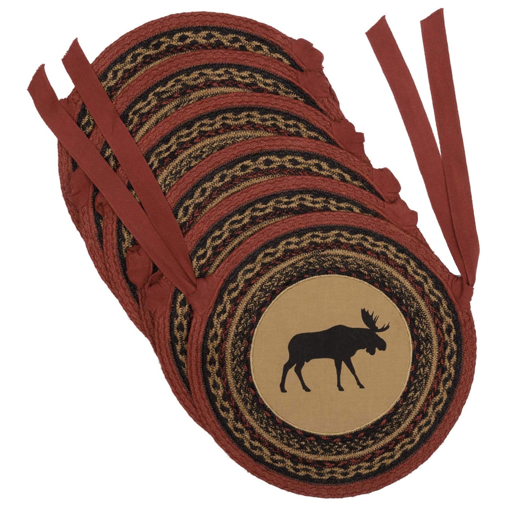 Rustic Red and Tan Jute Moose Applique Chair Pads, Set of 6