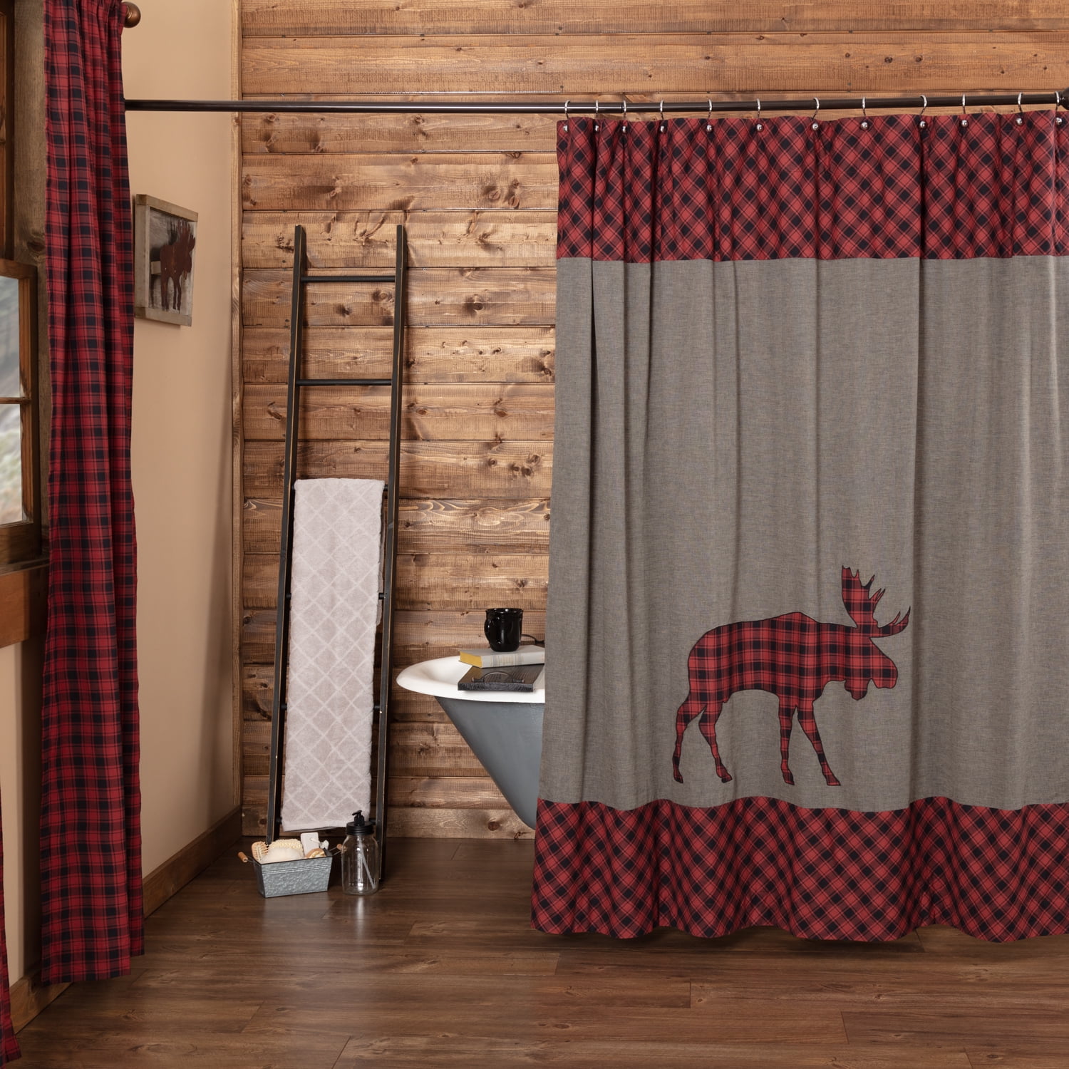 Cumberland Moose Applique Red and Gray Cotton Shower Curtain
