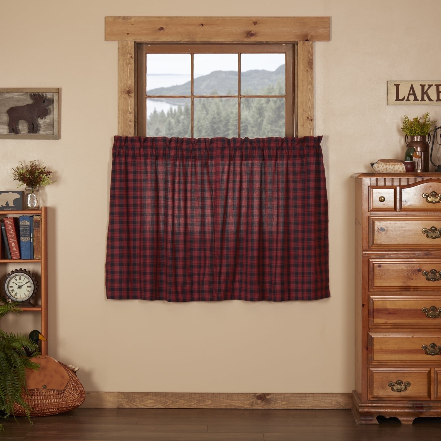 Rustic Red and Black Plaid Cotton Kitchen Tier Curtains