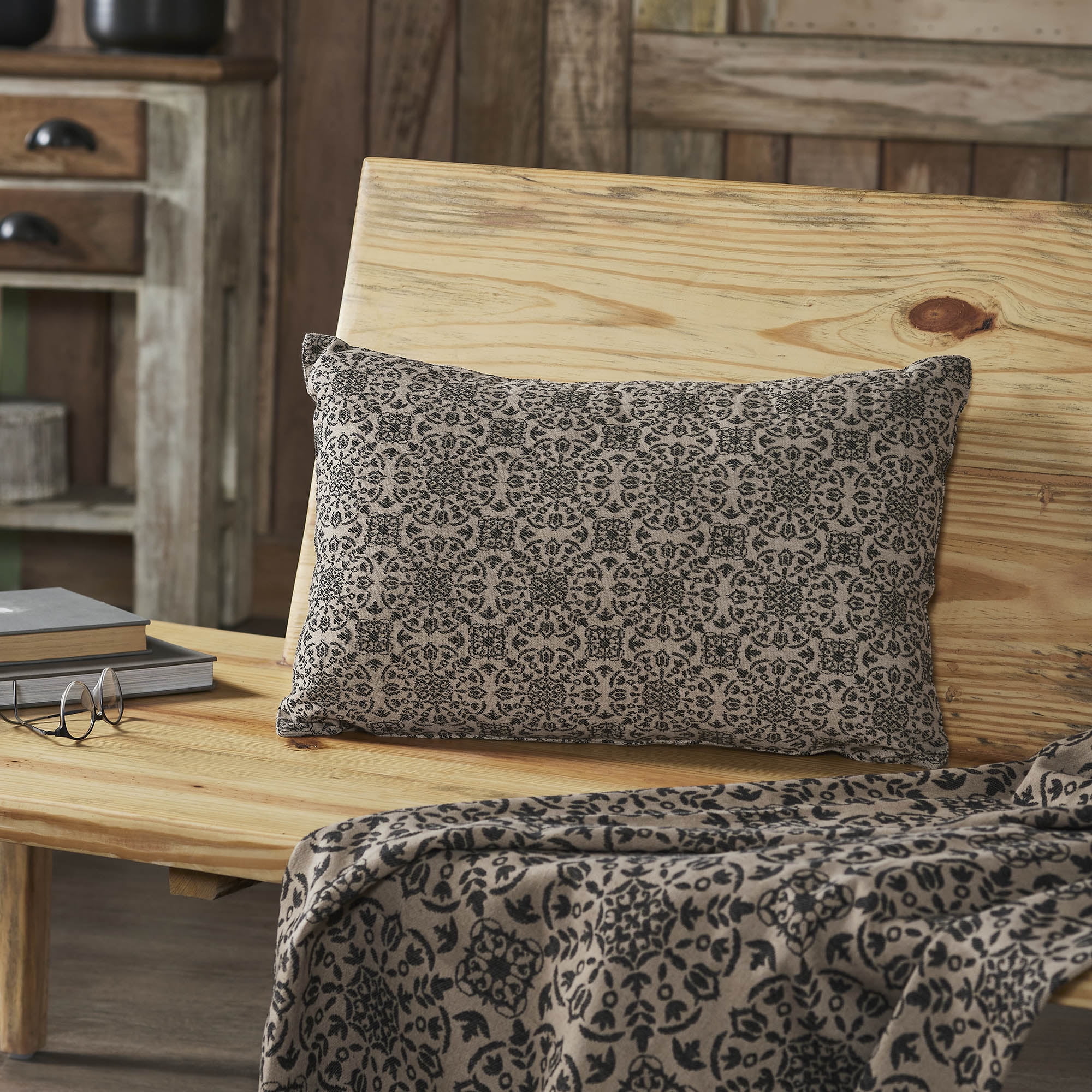 Natural Black Cotton Jacquard Rectangular Throw Pillow 14x22