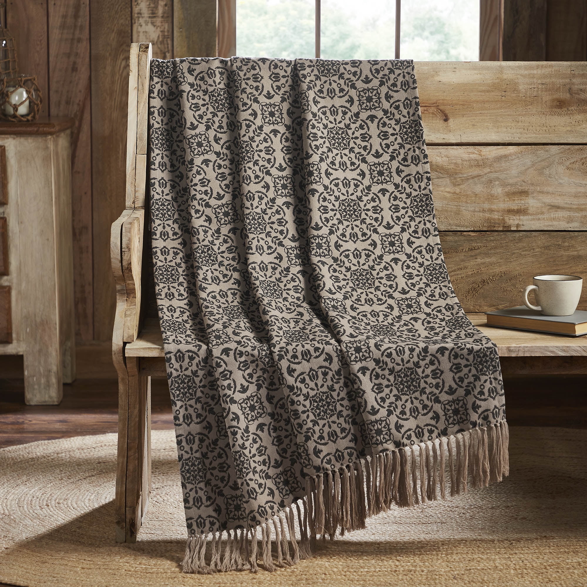Handmade Black and Tan Cotton Jacquard Woven Throw Blanket