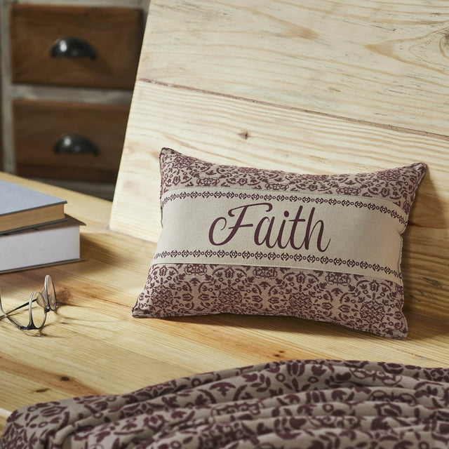 VHC Brands Custom House Burgundy Tan Jacquard Faith Pillow 9.5x14