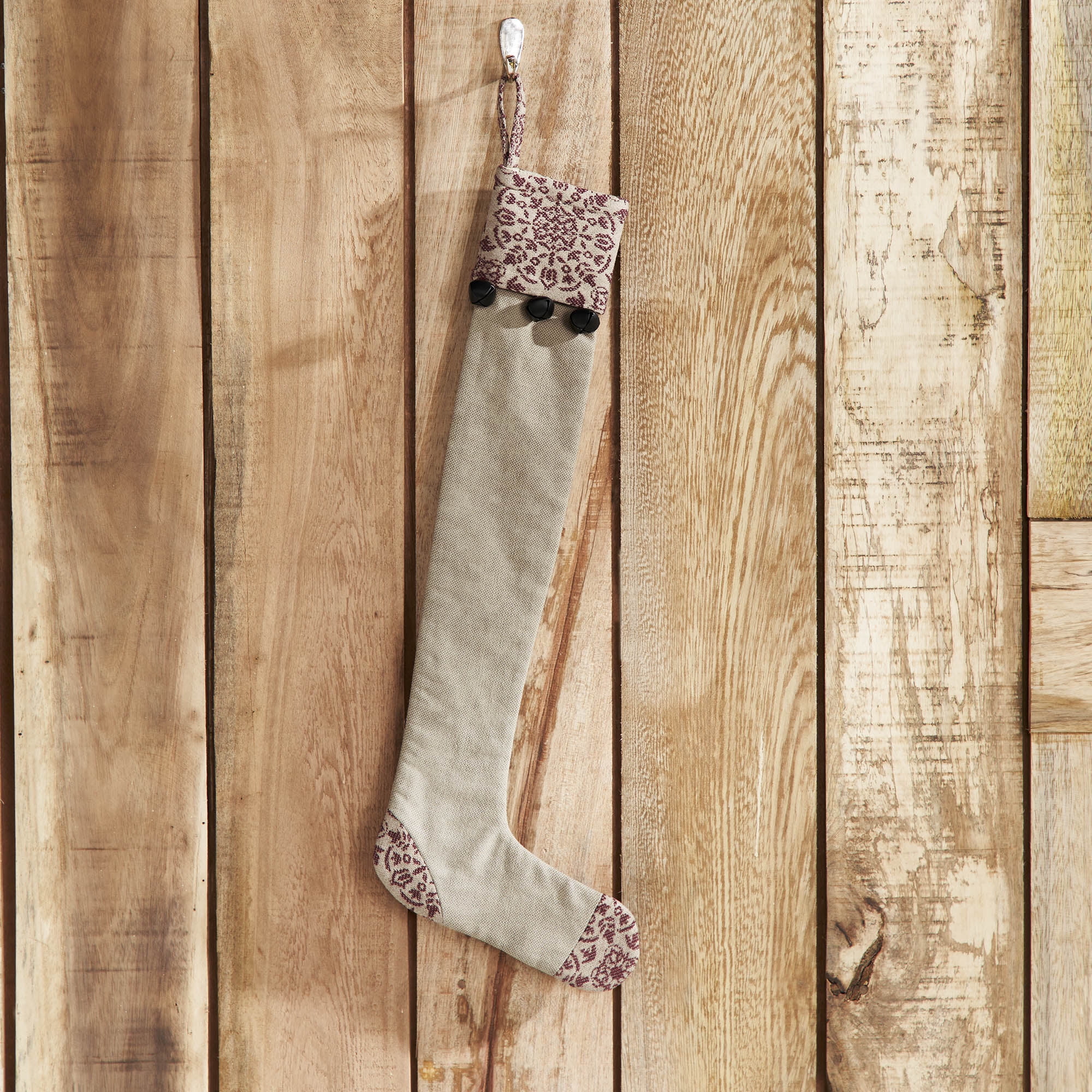 Burgundy and Tan Cotton Jacquard Christmas Stocking 7x19