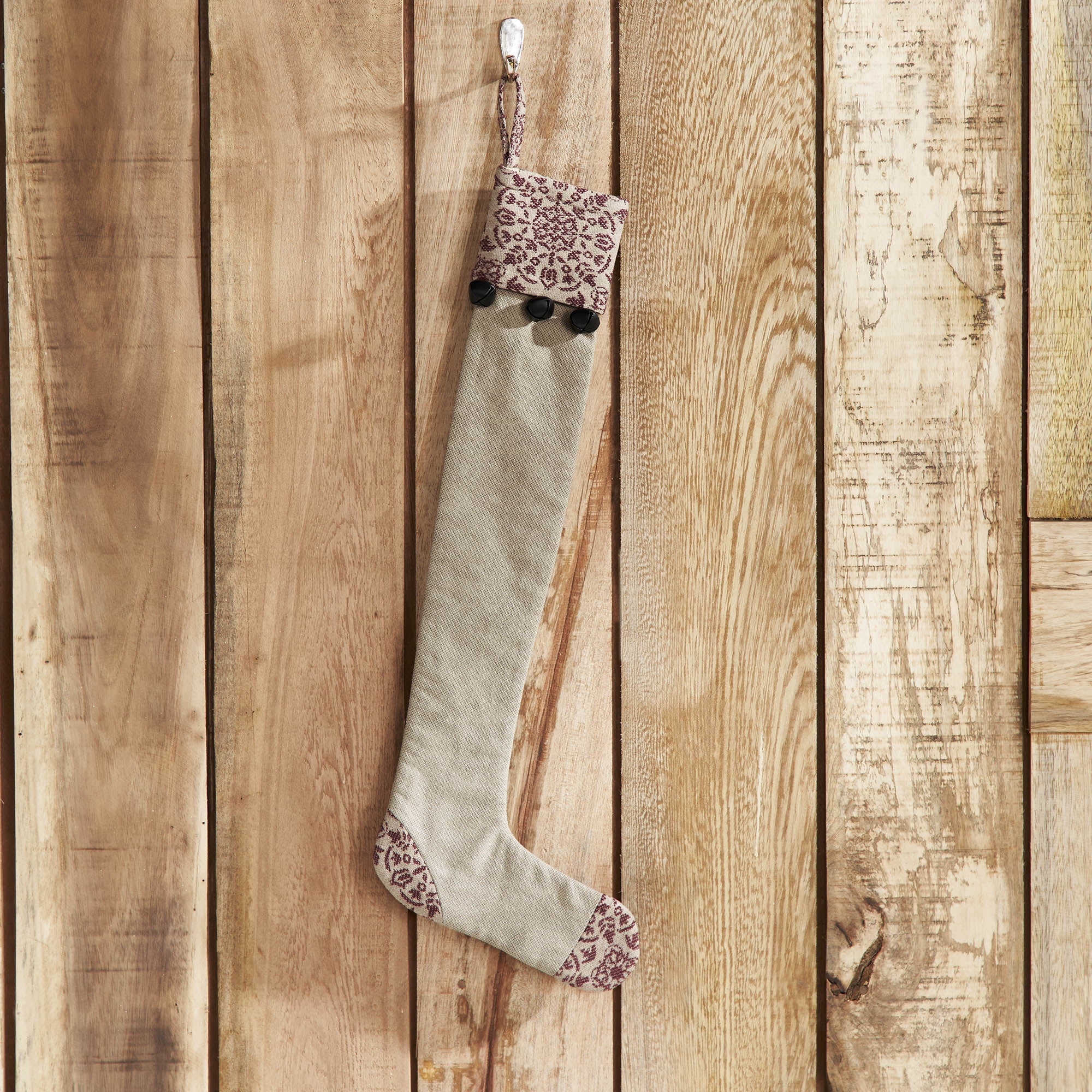 Burgundy and Tan Cotton Jacquard Christmas Stocking 7x19