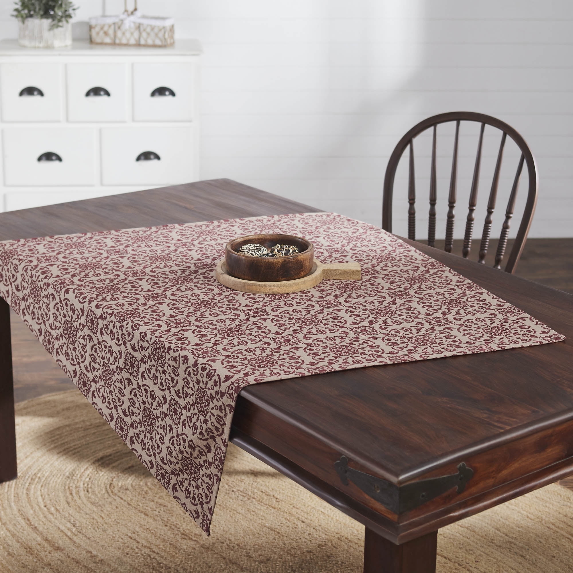 Burgundy and Tan Cotton Blend Square Table Topper 42" x 42"