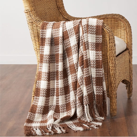 VHC Brands Dark Amber Woven Check Throw Blanket with Fringe 50x60