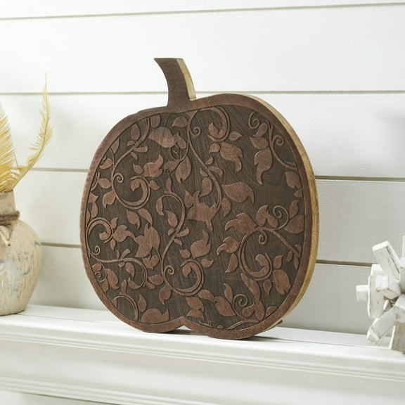 VHC Brands Dark Wooden Carved Vine Pumpkin, Fall and Halloween Home Decor for Tables and Shelves, Indoor Decorations for Tabletop Dark Wood Borwn, 14x14