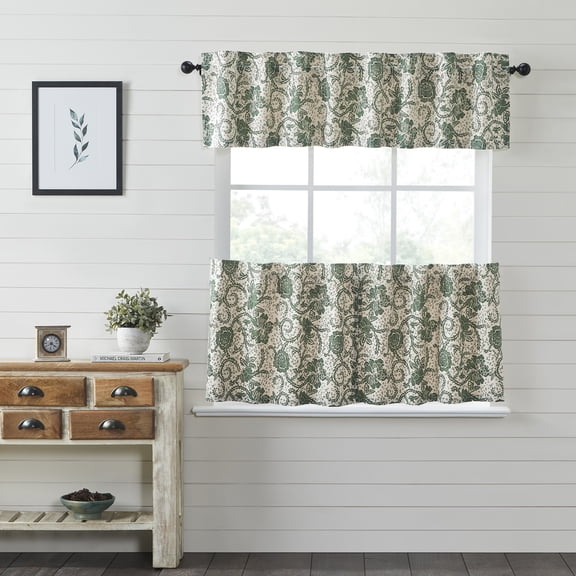 VHC Brands Dorset 3 PC Dark Basil Curtain Set (1 Valance 16x72 and 2 Tier 24x36)
