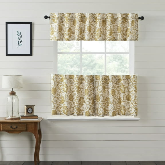 VHC Brands Dorset 3 PC Mustard Gold Curtain Set (1 Valance 16x72 and 2 Tier 24x36)