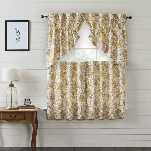 VHC Brands Dorset 4 PC Mustard Gold Curtain Set (2 Prairie Swag 36x18 and 2 Tier 36x36)