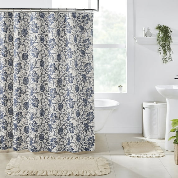 VHC Brands Dorset Bathroom Shower Curtain, Floral, Navy, 72x72