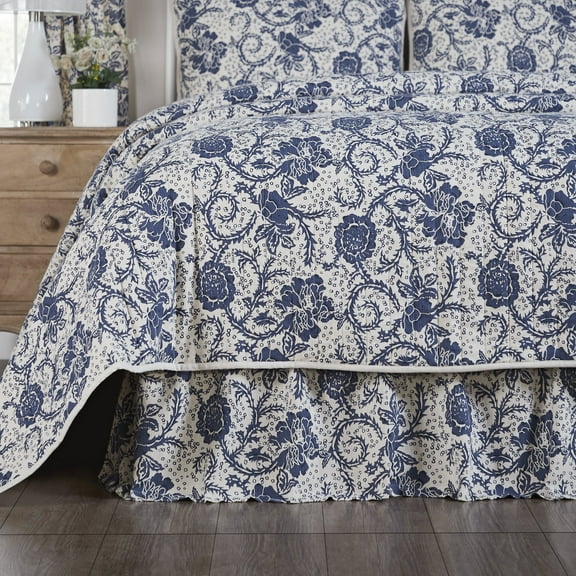 VHC Brands Dorset, Farmhouse Bed Skirt Dust Ruffle, Floral, King, Navy, 78x80x16