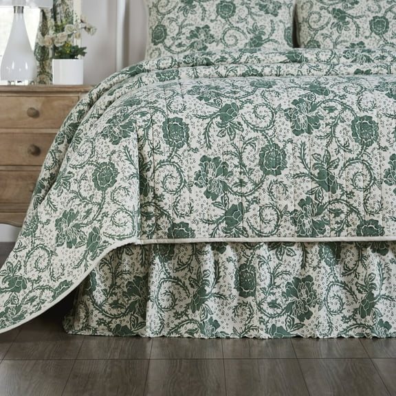 VHC Brands Dorset, Farmhouse Bed Skirt Dust Ruffle, Floral, Queen, Green, 60x80x16