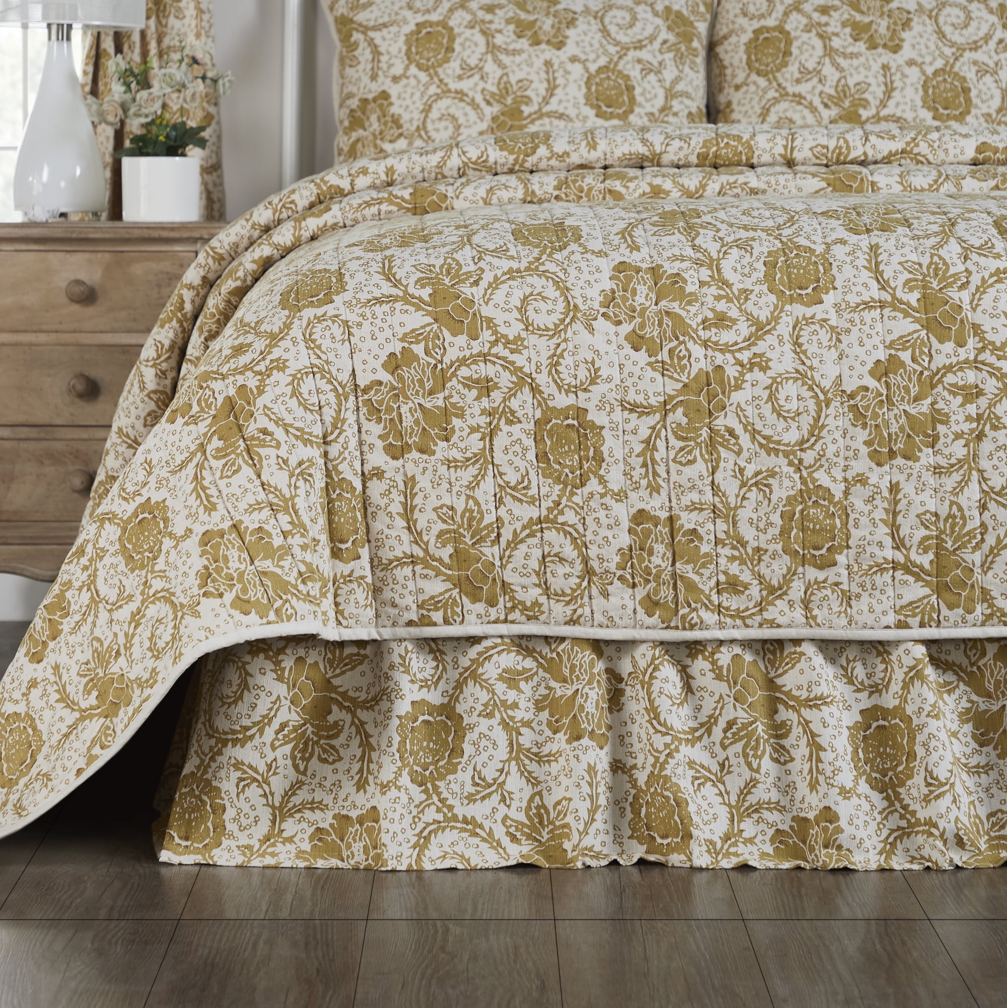 VHC Brands Dorset, Farmhouse Bed Skirt Dust Ruffle, Floral, Twin, Gold, 39x76x16