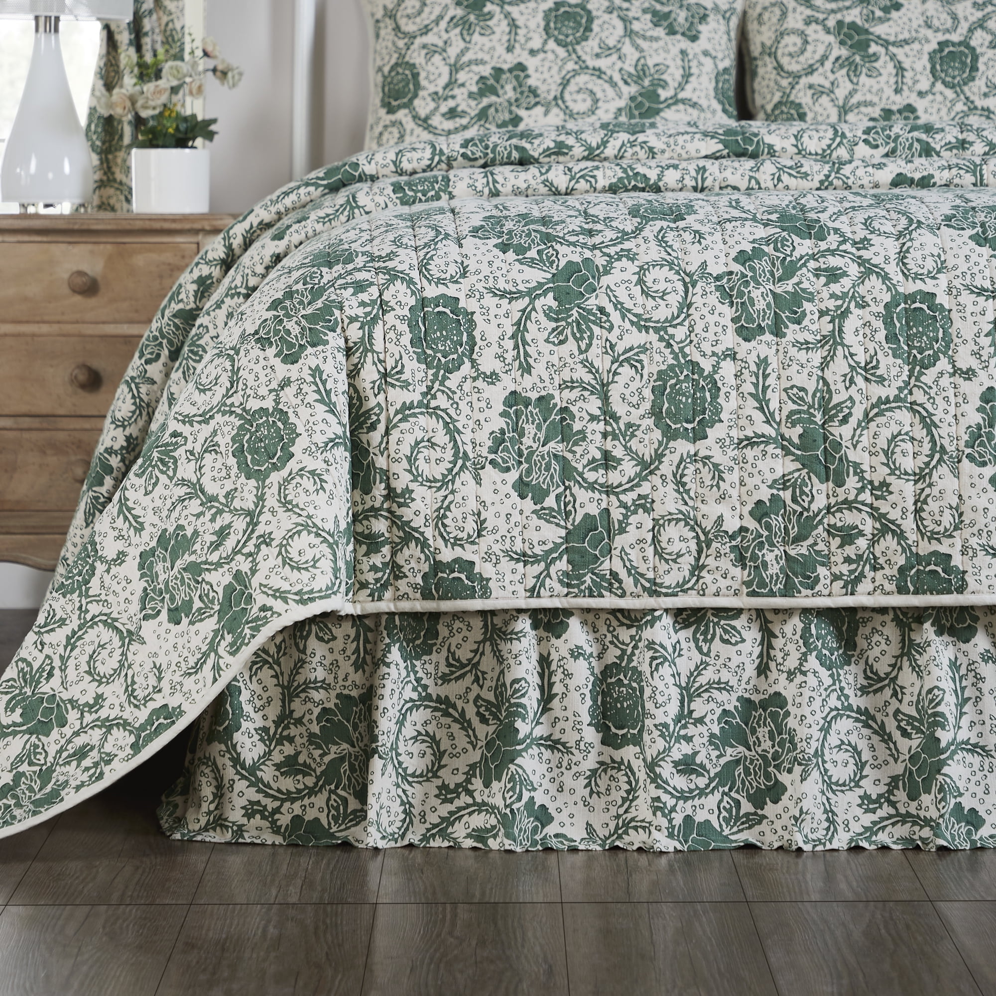 VHC Brands Dorset, Farmhouse Bed Skirt Dust Ruffle, Floral, Twin, Green, 39x76x16