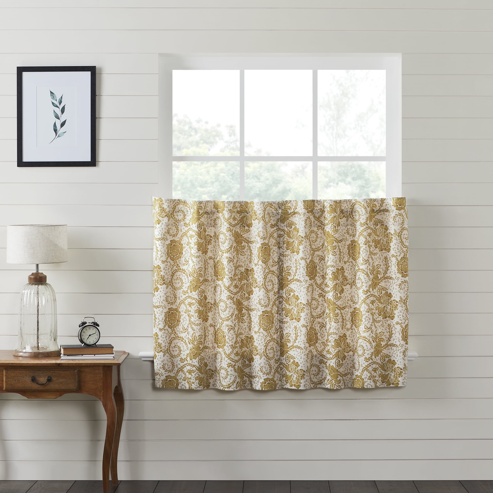 Gold Floral Cotton Light-Filtering Tier Kitchen Curtains, 36x36