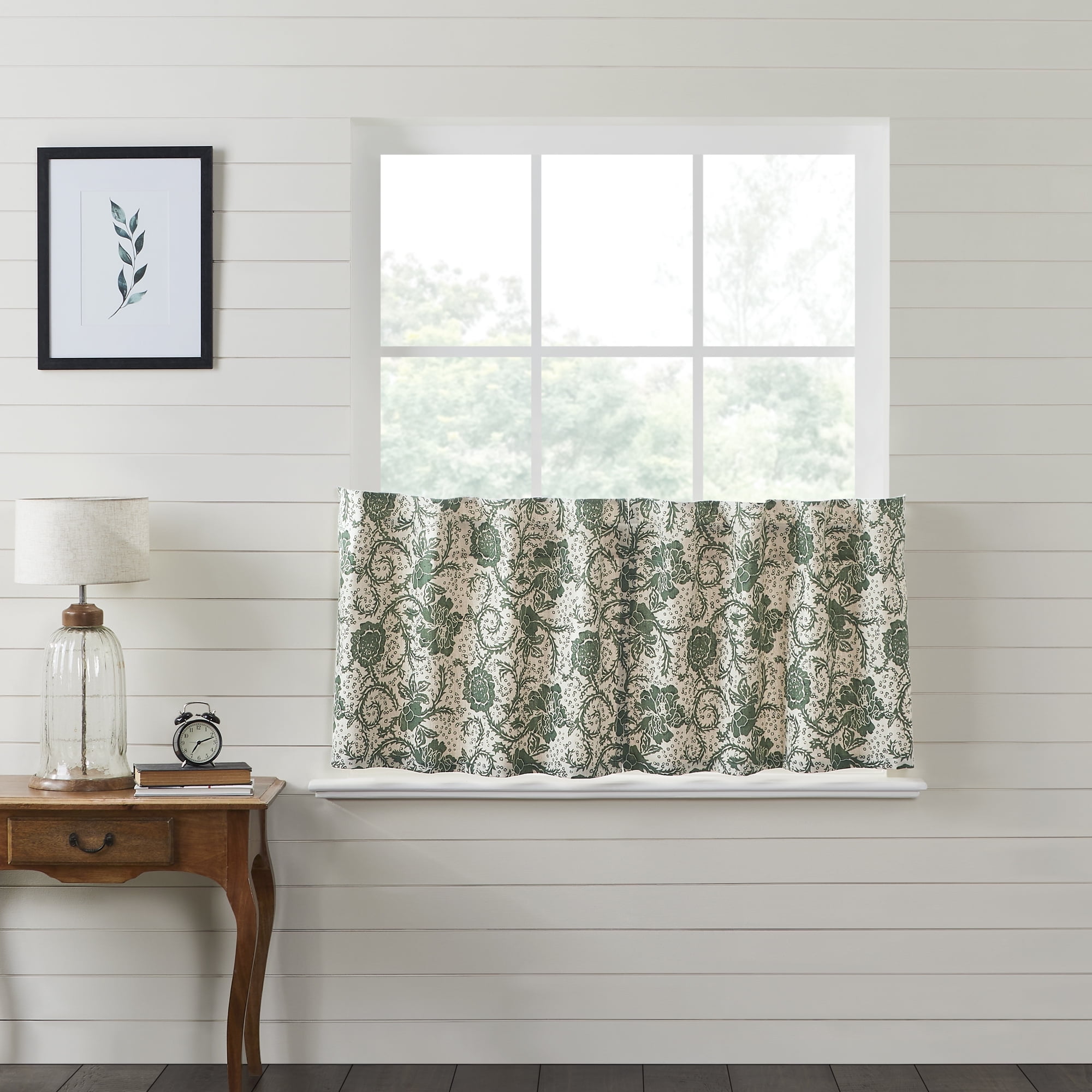 Navy Floral Cotton Rod Pocket Light-filtering Tier Curtains, 24x36