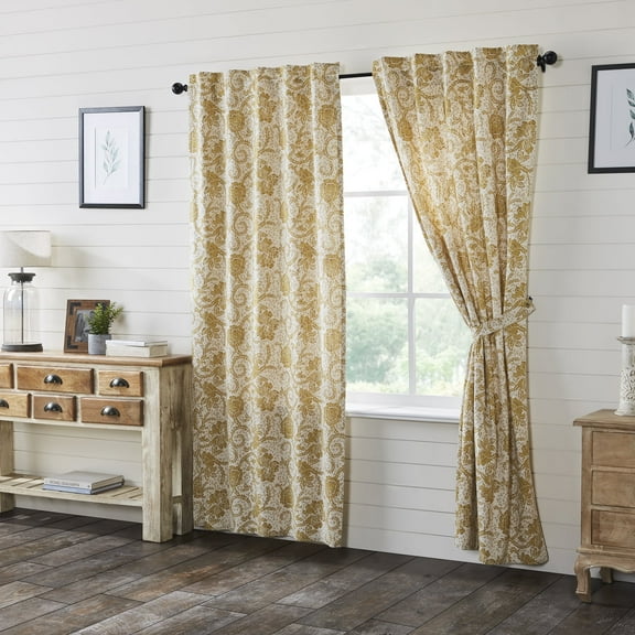 VHC Brands Dorset, Farmhouse Curtain Panels, Floral, Gold, 84x40, Set of 2
