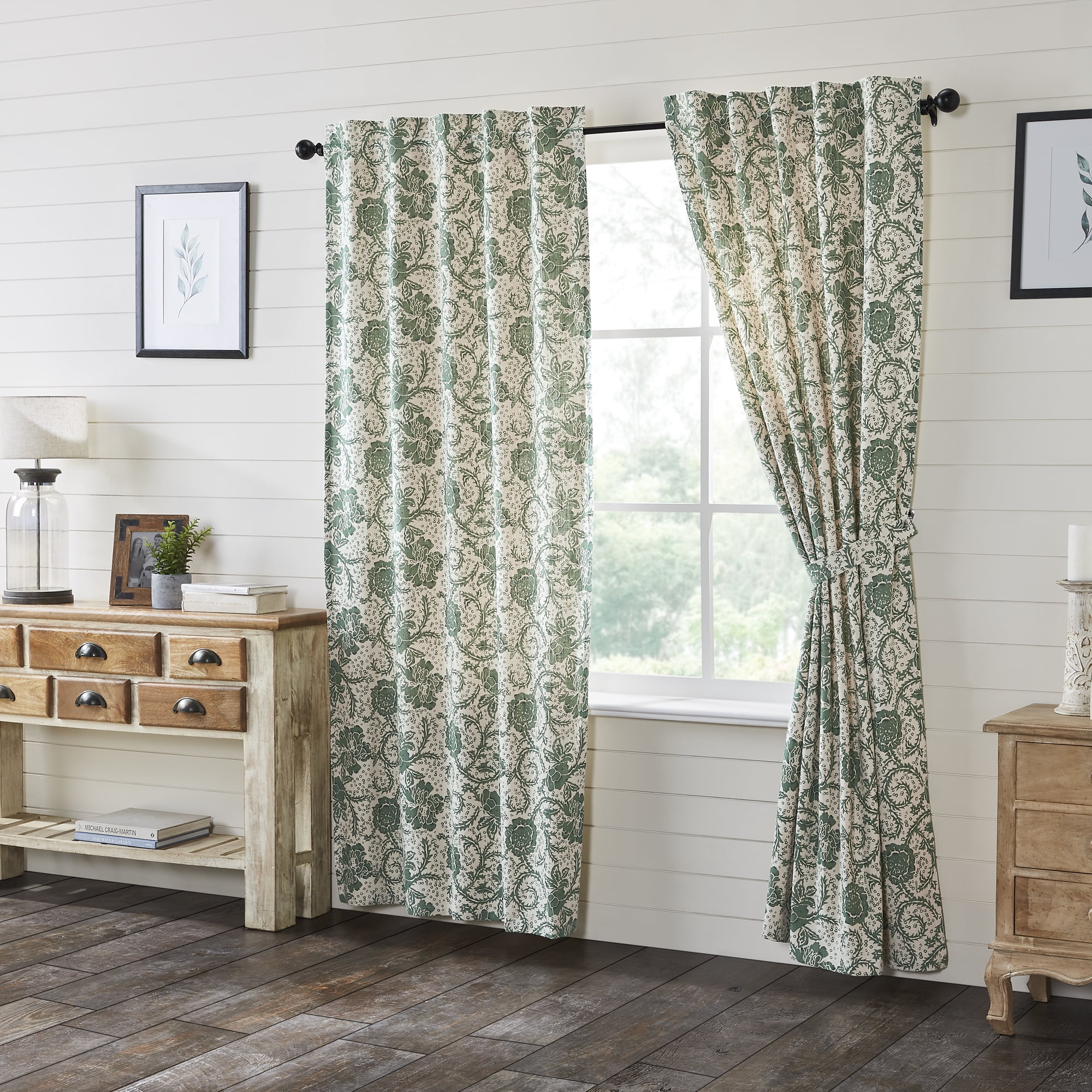 Green Floral Cotton Light-Filtering Rod Pocket Curtain Panels, 84x40