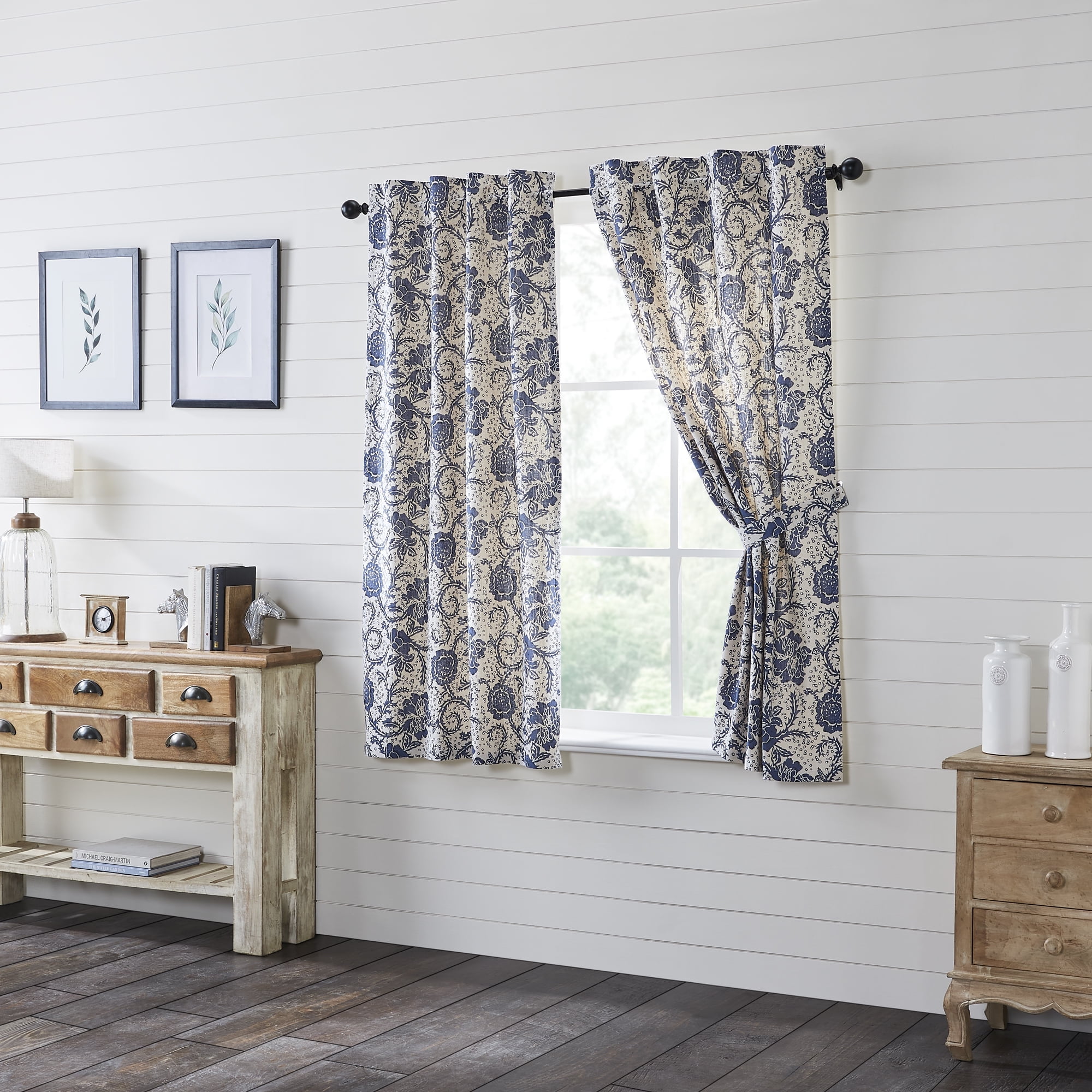 Navy Floral Cotton Rod Pocket Window Panels, 63x36, Set of 2