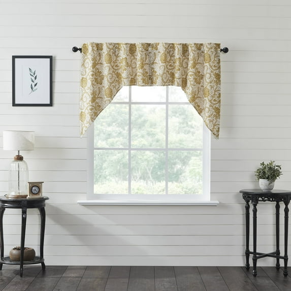 VHC Brands Dorset, Farmhouse Kitchen Swag Valance Curtain Panels, Floral, Gold, 36x36x16, Set of 2