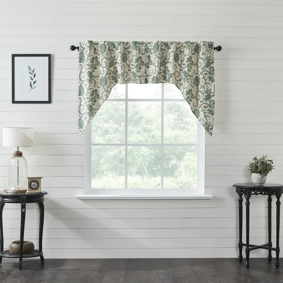 VHC Brands Dorset, Farmhouse Kitchen Swag Valance Curtain Panels, Floral, Green, 36x36x16, Set of 2