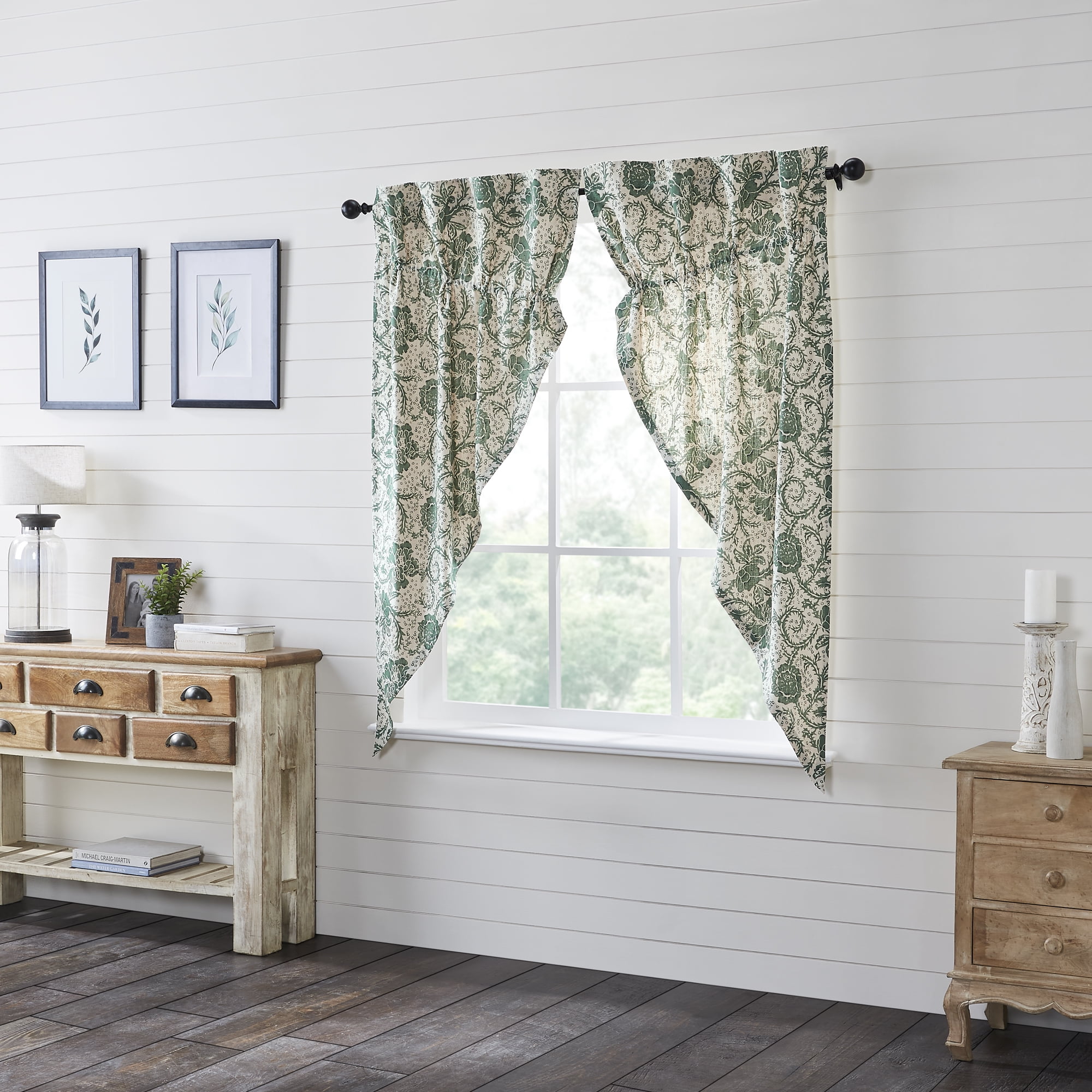 Dorset Green Floral Cotton Light-Filtering Kitchen Curtains