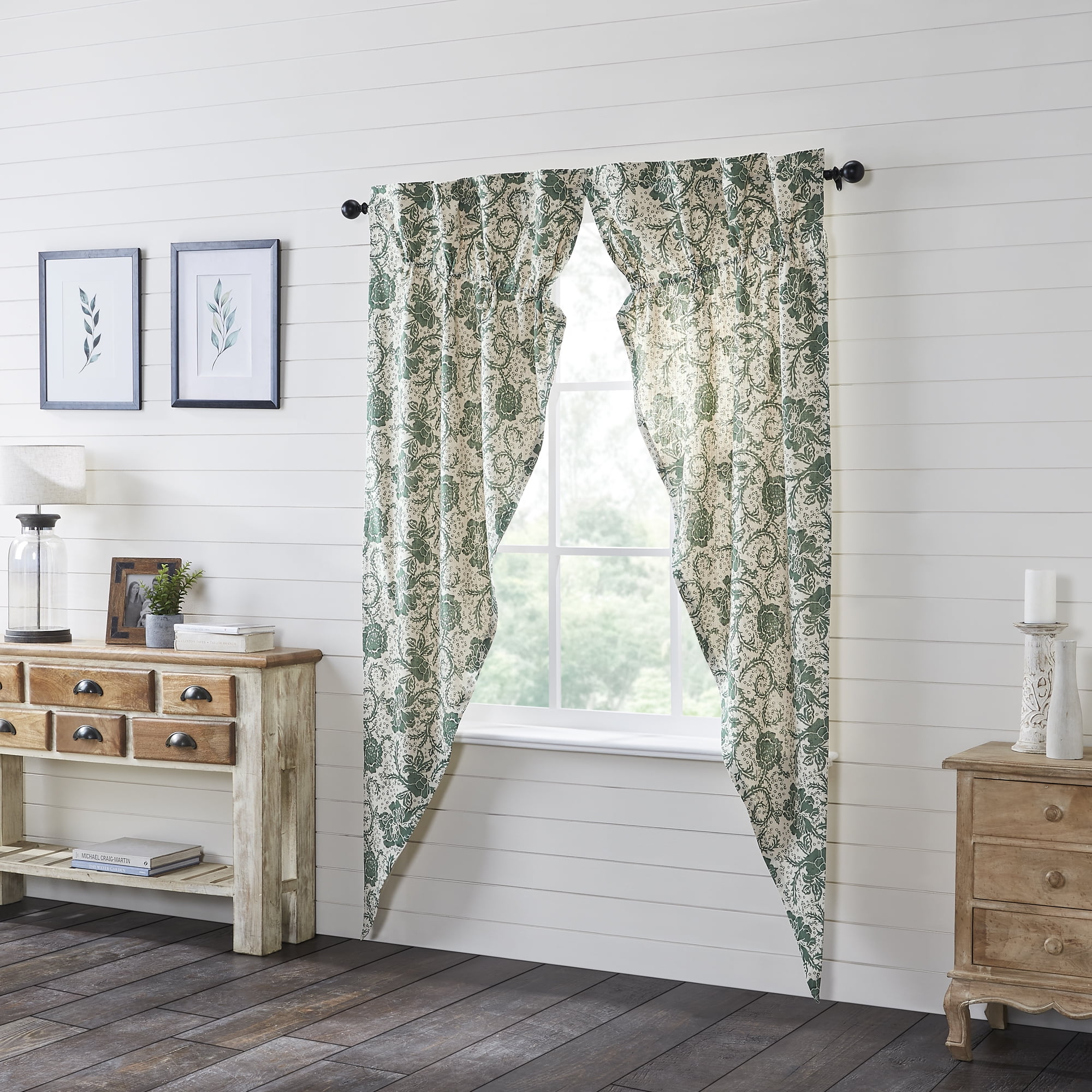 84'' White and Green Cotton Floral Rod Pocket Curtain Panels