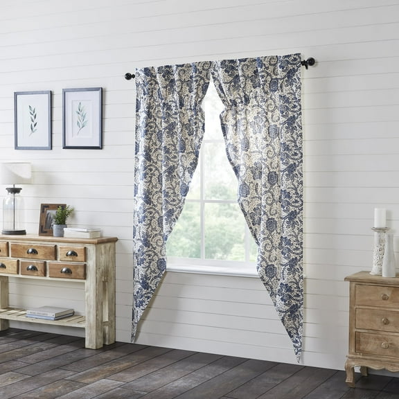 VHC Brands Dorset, Farmhouse Prairie Curtain Panels, Floral, Navy, 84x36x18, Set of 2