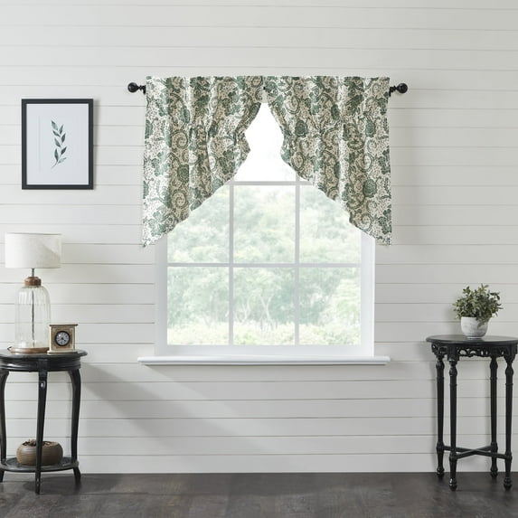 VHC Brands Dorset, Farmhouse Prairie Swag Valance Curtain Panels, Floral, Green, 36x36x18, Set of 2