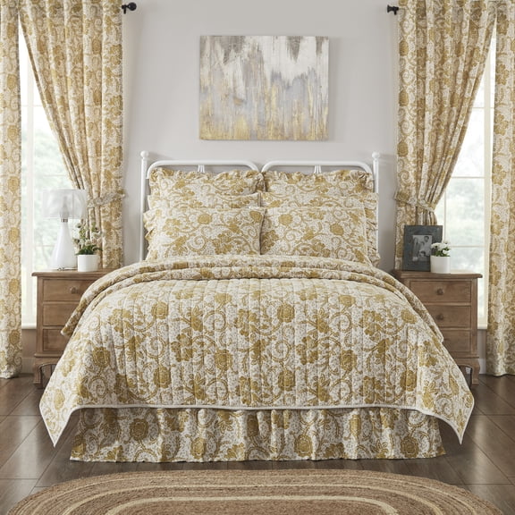 VHC Brands Dorset, Farmhouse Quilt Reversible Floral, Twin, Gold, 68x86