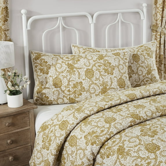 VHC Brands Dorset, Farmhouse Quilted Bed Sham, King, Floral, Gold, 21x37