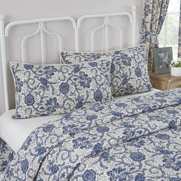 VHC Brands Dorset, Farmhouse Quilted Bed Sham, King, Floral, Navy, 21x37