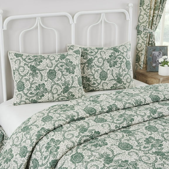 VHC Brands Dorset, Farmhouse Quilted Bed Sham, Standard, Floral, Green, 21x28