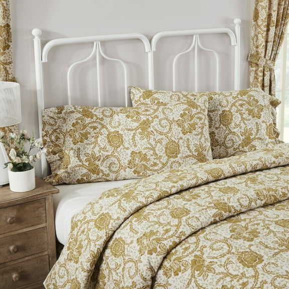 VHC Brands Dorset, Farmhouse Ruffled Pillow Cases, King Size, Floral, Gold, 21x36, Set of 2