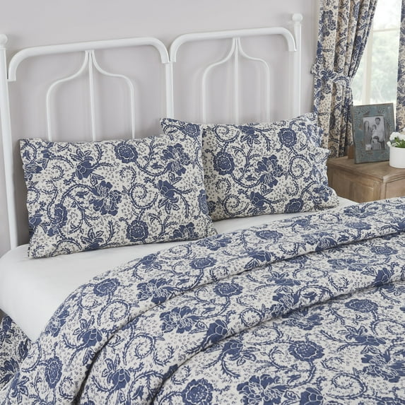 VHC Brands Dorset, Farmhouse Ruffled Pillow Cases, Standard Size, Floral, Navy, 21x26, Set of 2