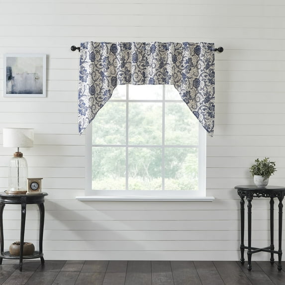 VHC Brands Dorset Kitchen Swag Valance Curtain Panels, Floral, Navy, 36x36x16, Set of 2