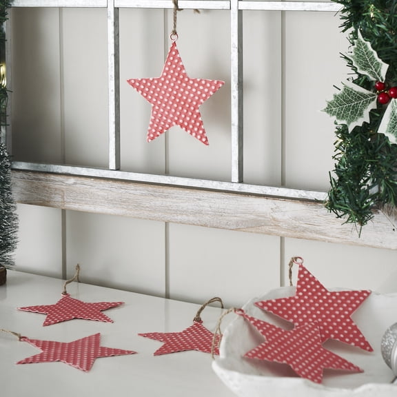 VHC Brands Dotted Metal Star Ornaments Red Set of 6 5.25x4.8x0.2