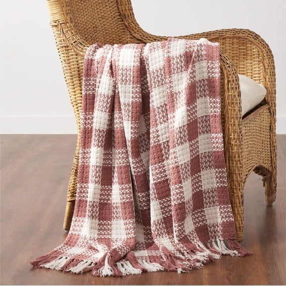 VHC Brands Dusty Rose Woven Check Throw Blanket with Fringe 50x60