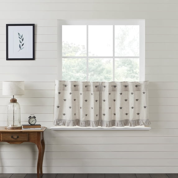VHC Brands Embroidered Bee, Farmhouse Café Tier Curtain, Ruffled, Creme Yellow Grey, 24x36, Set of 2