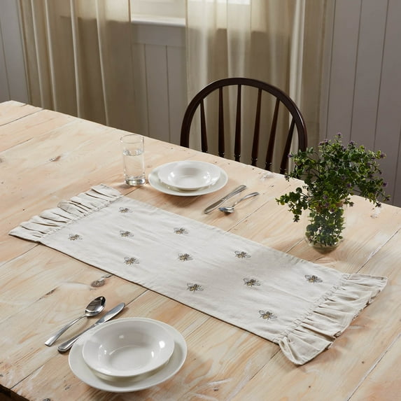 VHC Brands Embroidered Bee, Farmhouse Table Runner, Ruffled, Rectangle, Yellow Grey, 13x36