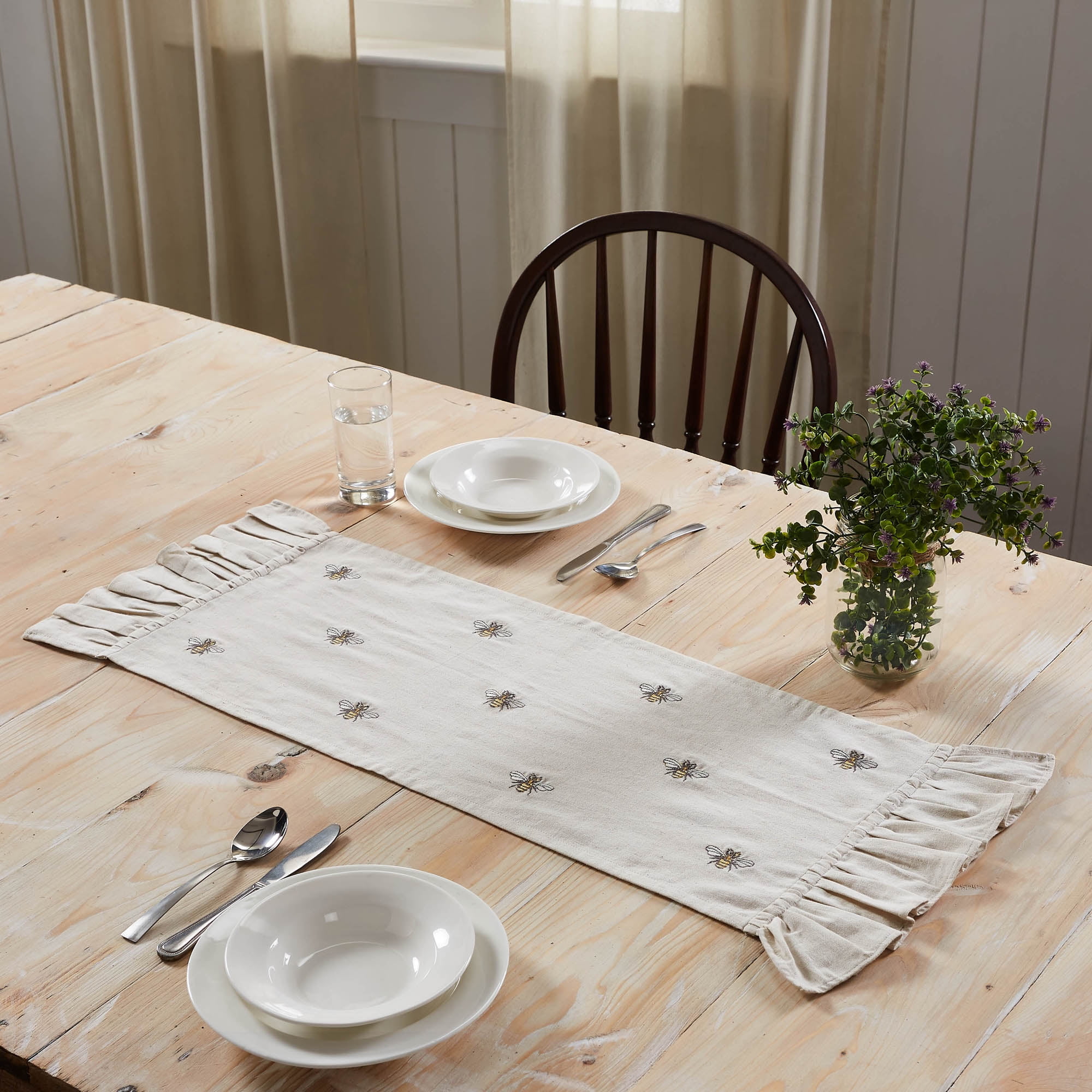 Creme Cotton-Linen Blend Embroidered Bee Table Runner, 13" x 36"