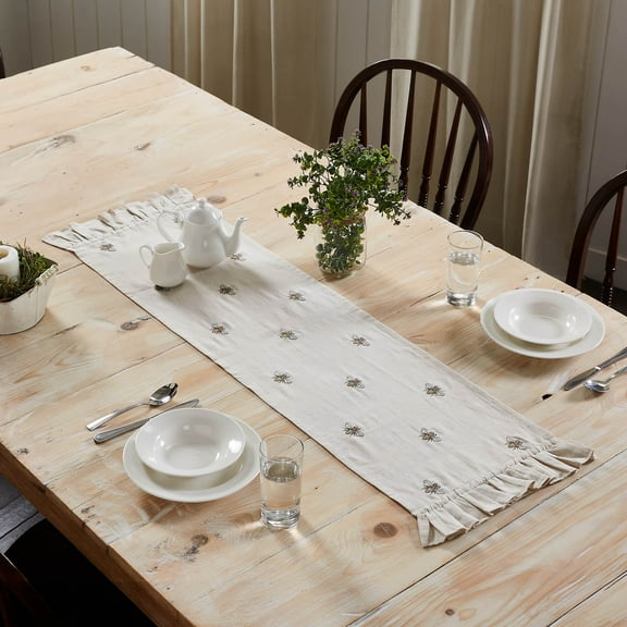 VHC Brands Embroidered Bee, Farmhouse Table Runner, Ruffled, Rectangle, Yellow Grey, 13x48