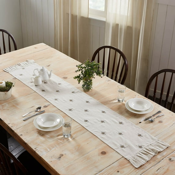 VHC Brands Embroidered Bee, Farmhouse Table Runner, Ruffled, Rectangle, Yellow Grey, 13x73