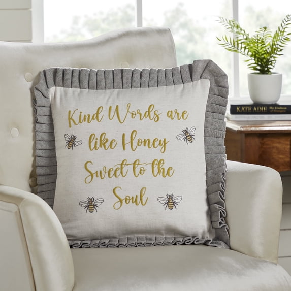 VHC Brands Embroidered Bee, Farmhouse Throw Pillow, Kind Words Are Like Honey, Grey & Yellow, 18x18
